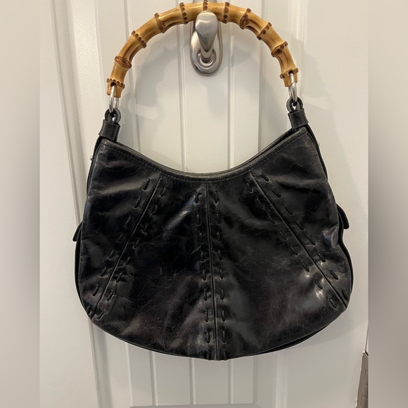 Prague Bags Vintage Prague Purse Bamboo Handle Black Leather Euc